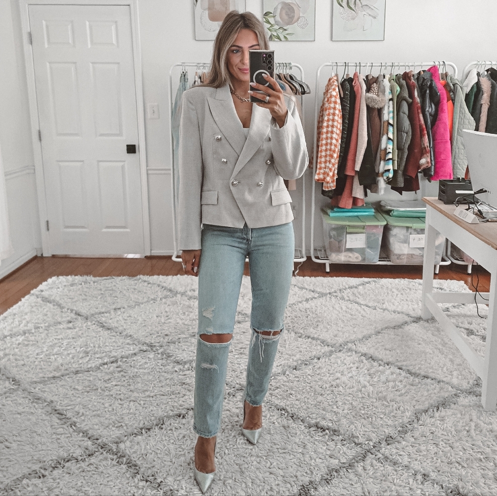 Zara gray double breasted cropped blazer jacket size L - Picture 5 of 11